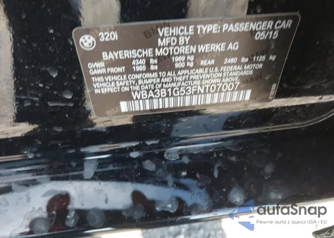 2015 BMW 320I z USA, uszkodzony, nr VIN WBA3B1G53FNT07007